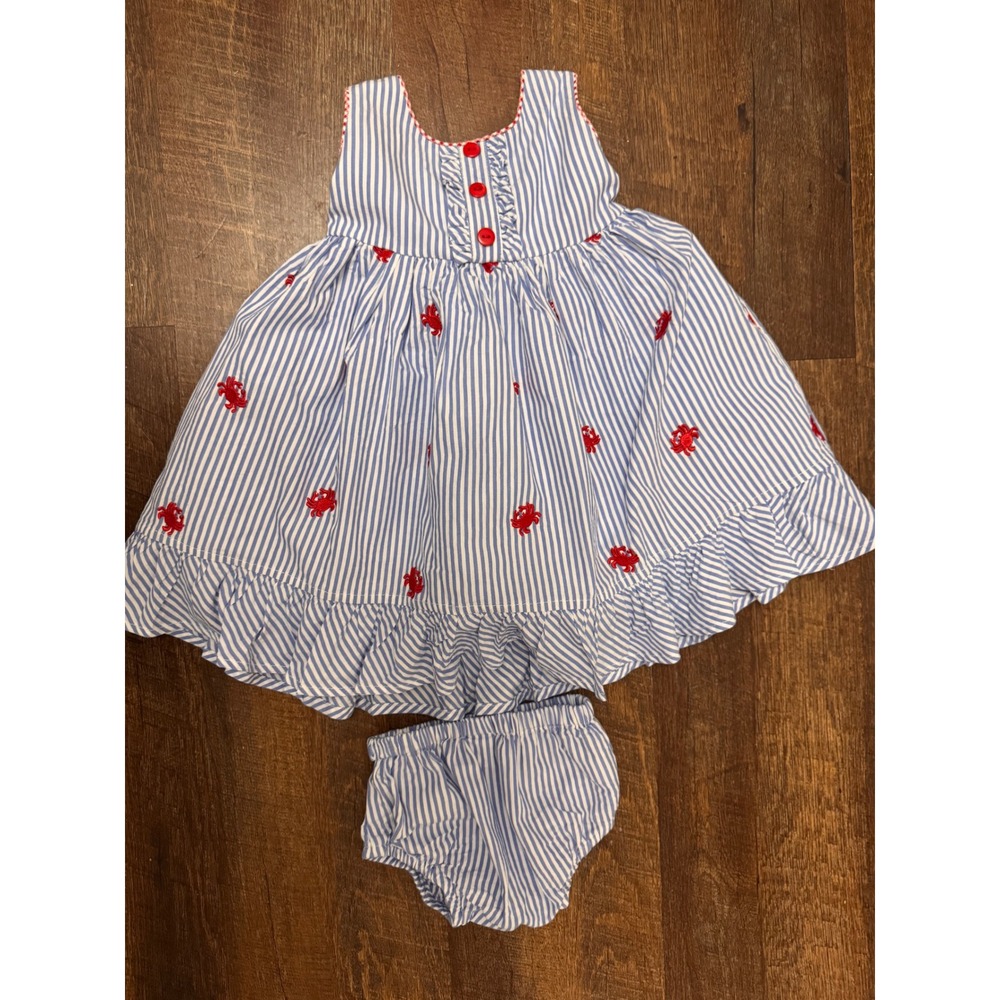 Cotton Kids Seersucker Crab Dress & Bloomers 12M Nautical Blue White Striped